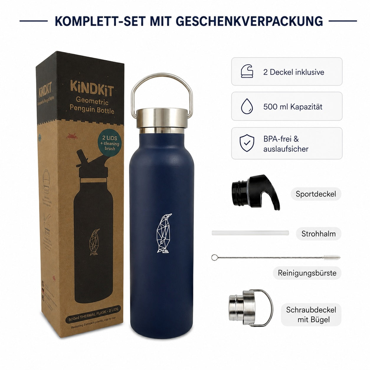 Geometric Penguin Stainless Steel Bottle – Modern Design, All-Day Hydration