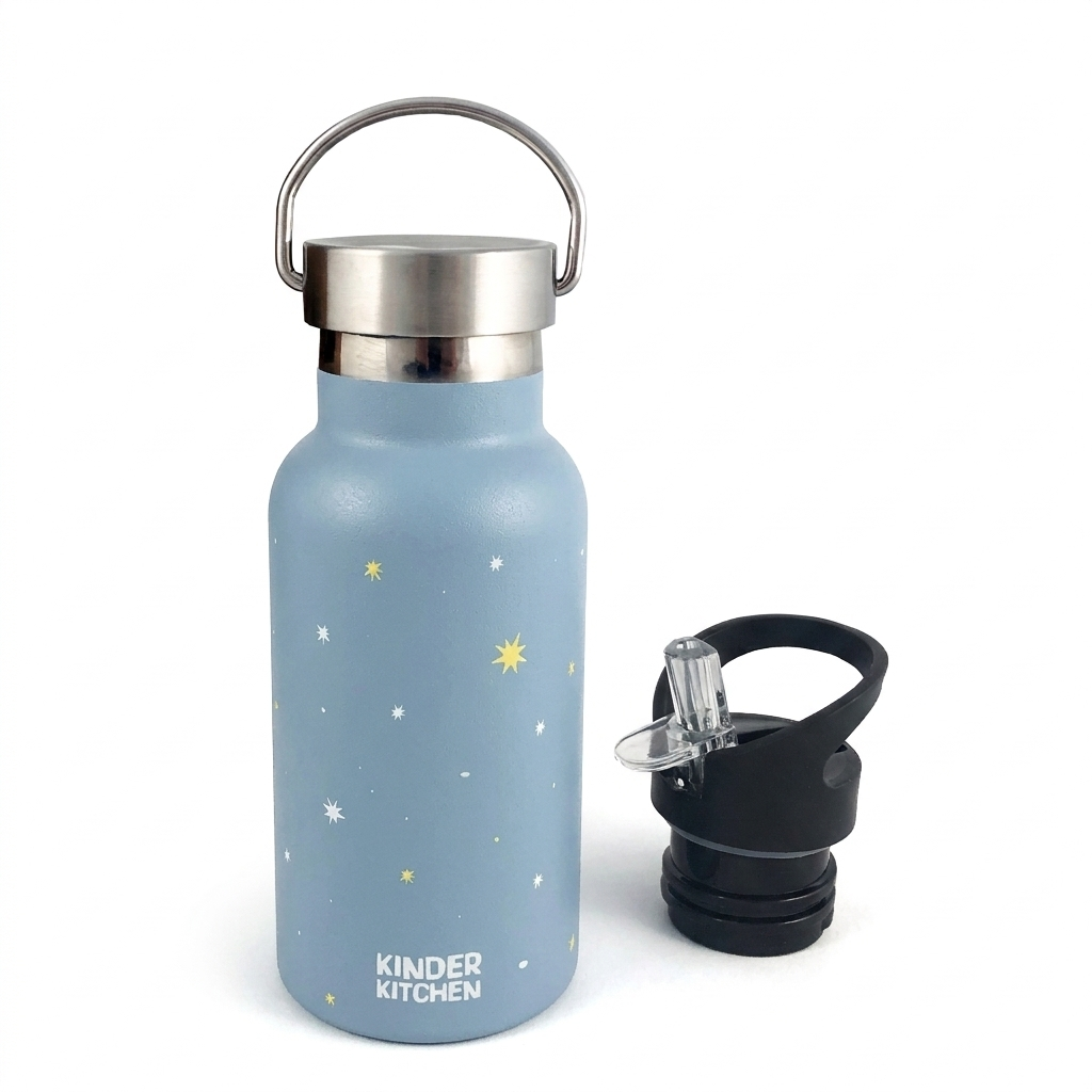 KiNDKiT Lucky Star Edelstahl Thermosflasche 350ml blau doppelwandig zwei Deckel